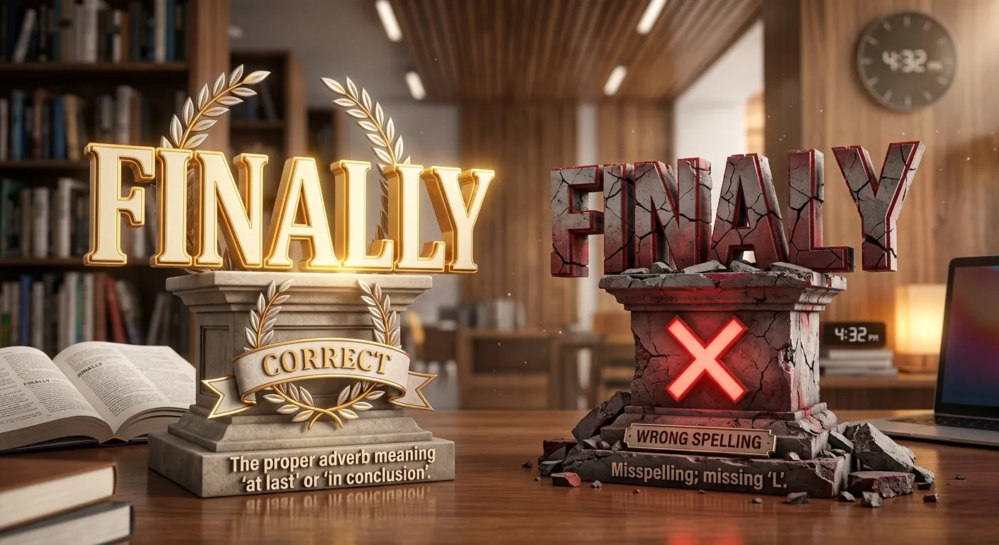 Finaly or finally spelling comparison showing the correct spelling finally