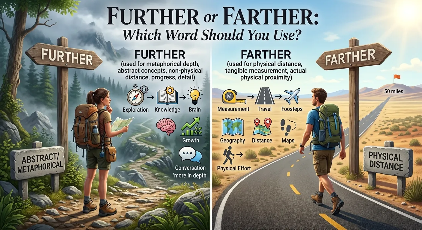 Further or farther showing the difference between the two words