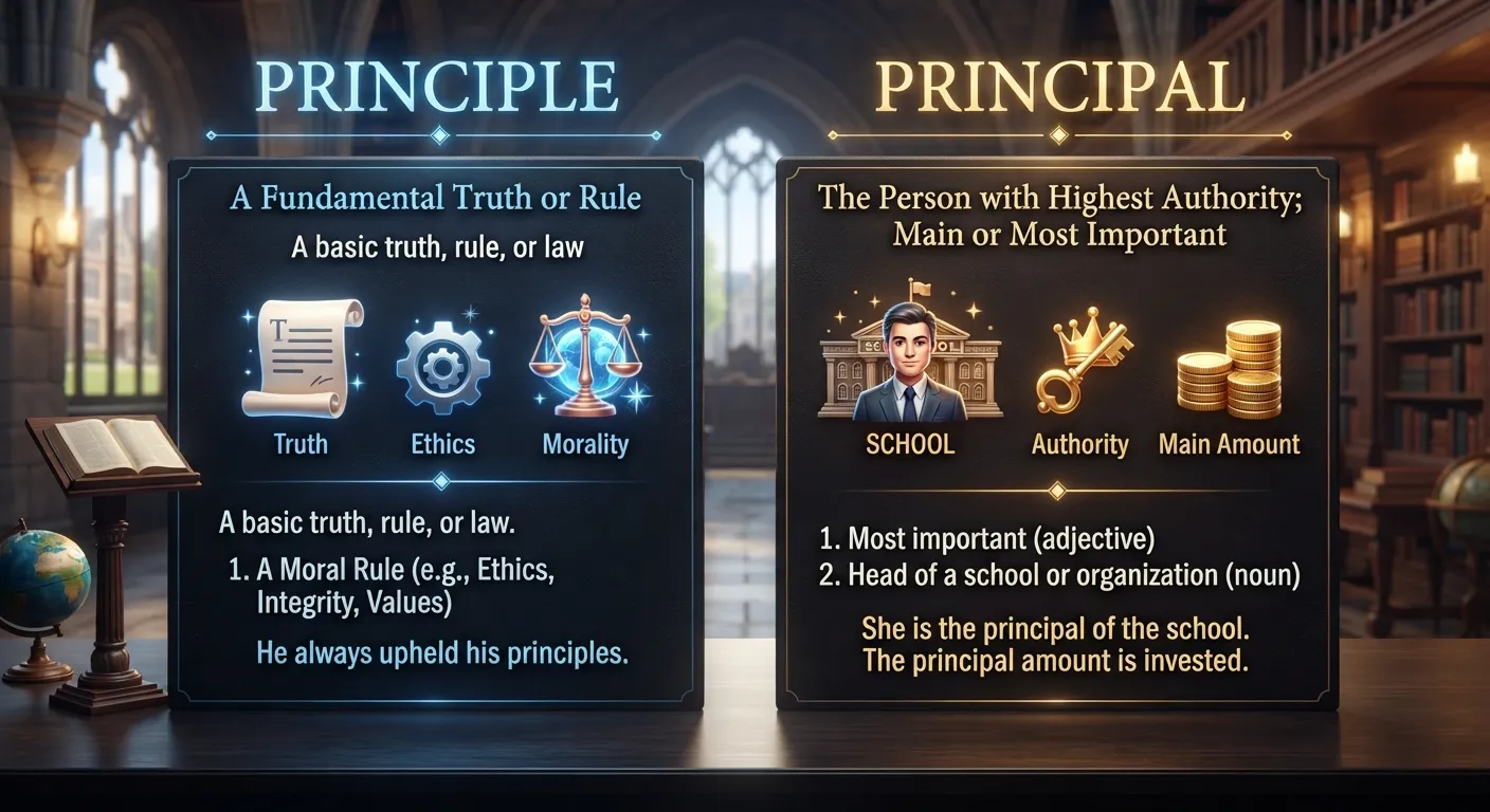 Principle or principal comparison showing the difference between the two words