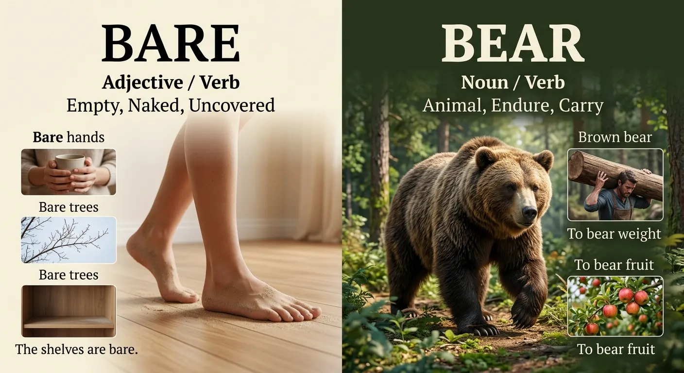 Bare or Bear: difference between the two homophones with examples