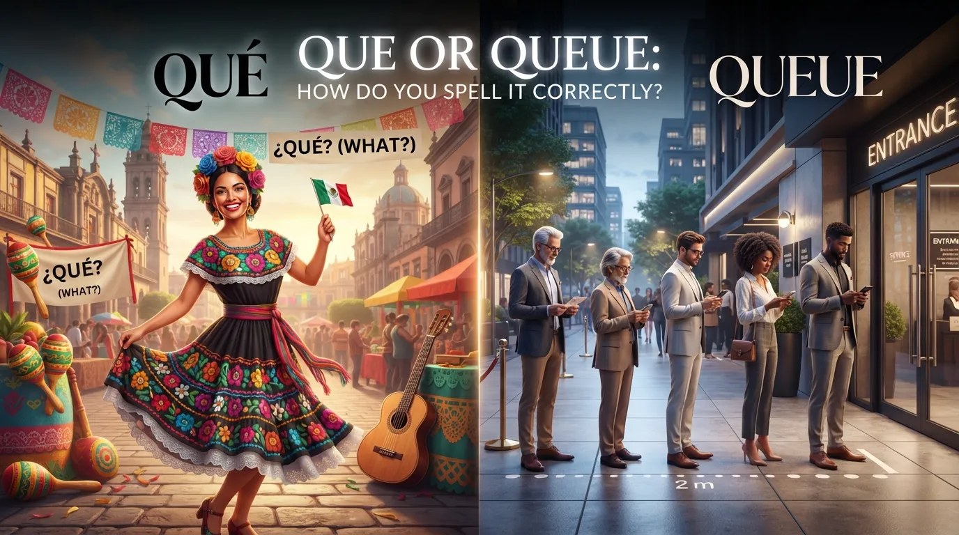 Que or Queue spelling comparison showing the correct word queue